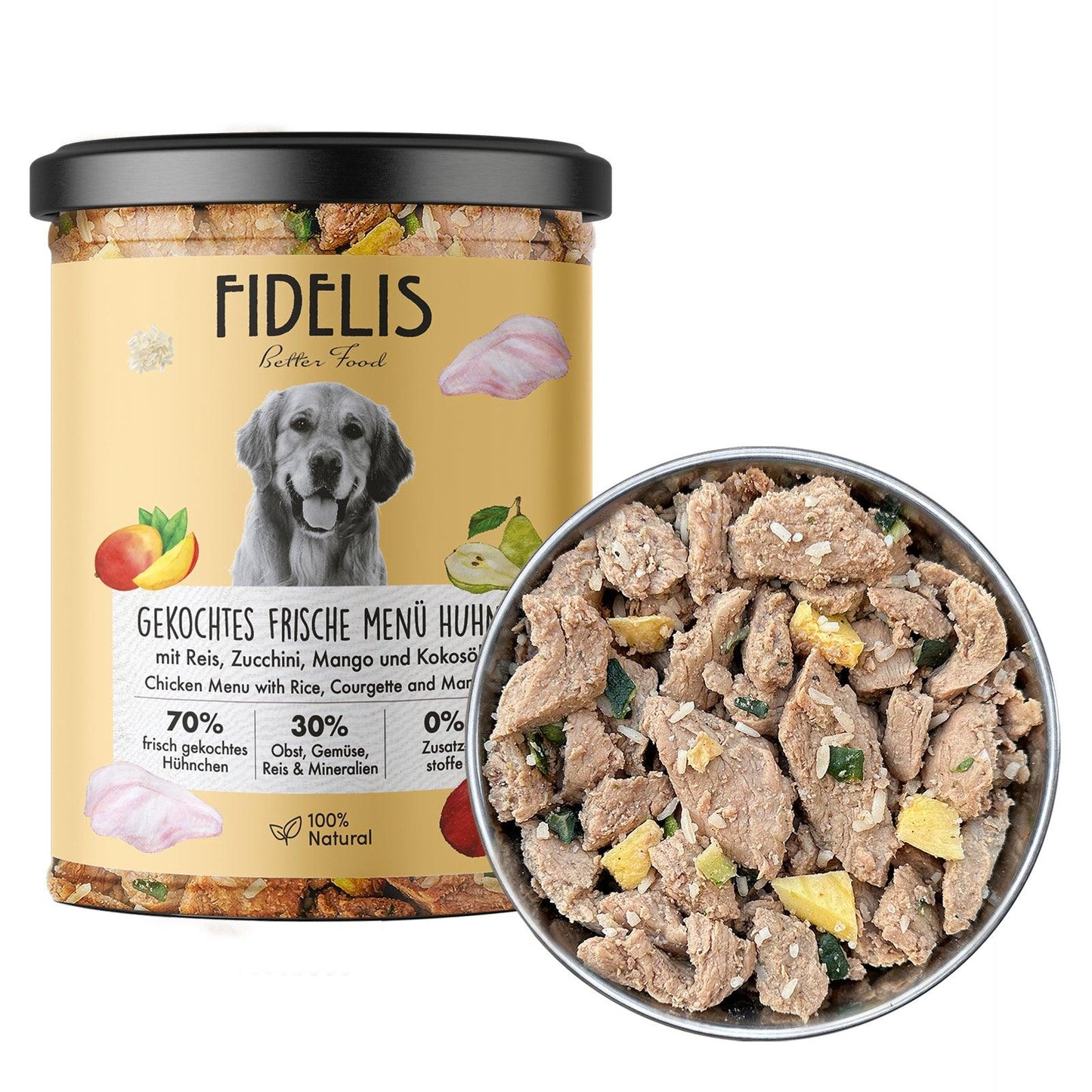 FIDELIS virta šviežia vištiena su ryžiais, cukinijomis ir mangais, 400 g.