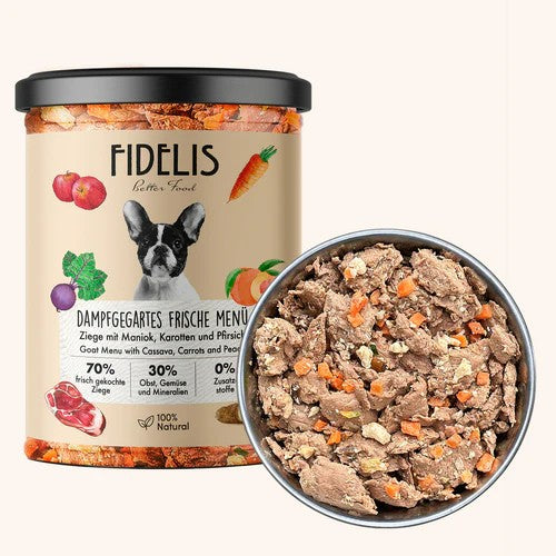 NAUJIENA! FIDELIS virta šviežia ožkiena su manijokais, morkomis ir persikais, 400 g.