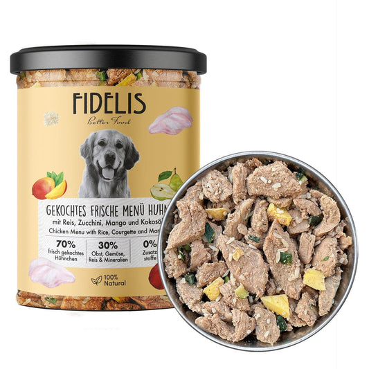 FIDELIS virta šviežia vištiena su ryžiais, cukinijomis ir mangais, 400 g.