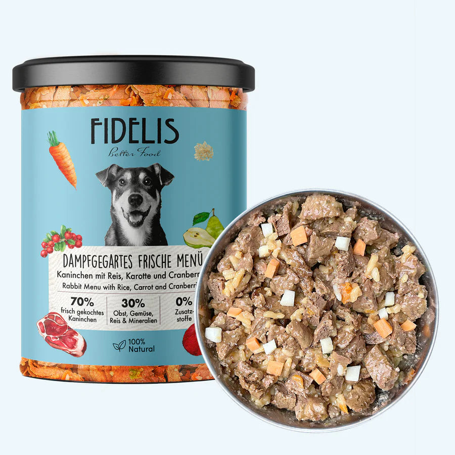FIDELIS Värske küülikuliha riisi, porgandi ja jõhvikatega, 400 g.