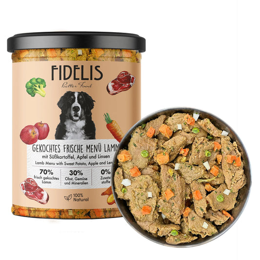 NAUJIENA! FIDELIS virta šviežia ėriena su saldžiosiomis bulvėmis, obuoliais ir lęšiais, 400 g.