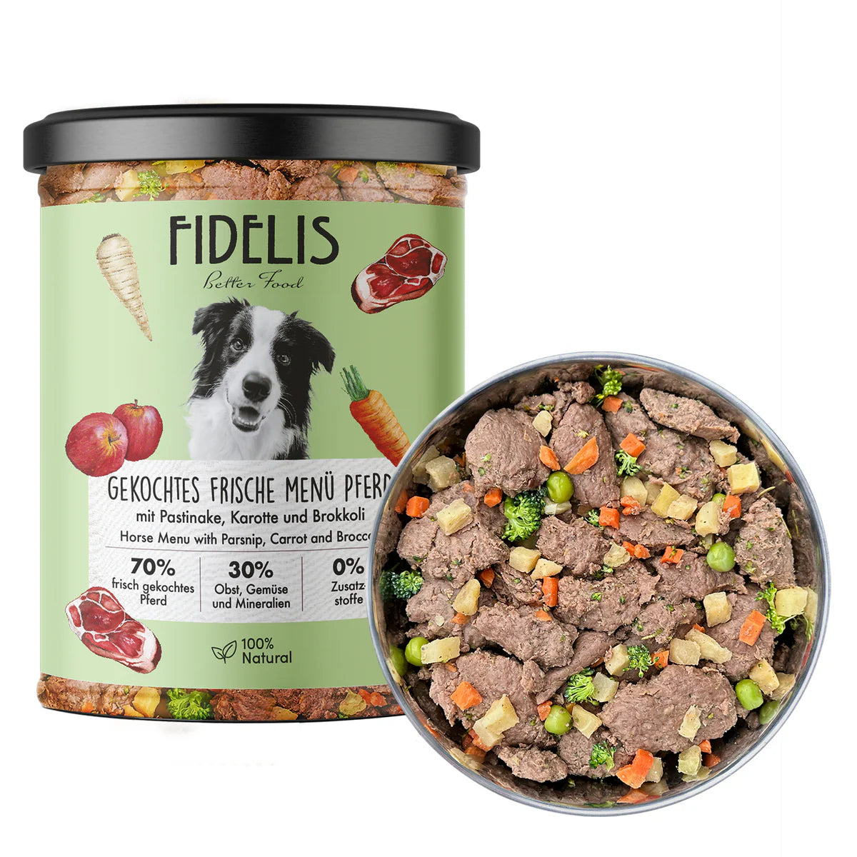 NAUJIENA! FIDELIS virta šviežia arkliena su pastarnokais, morkomis ir brokoliais, 400 g.