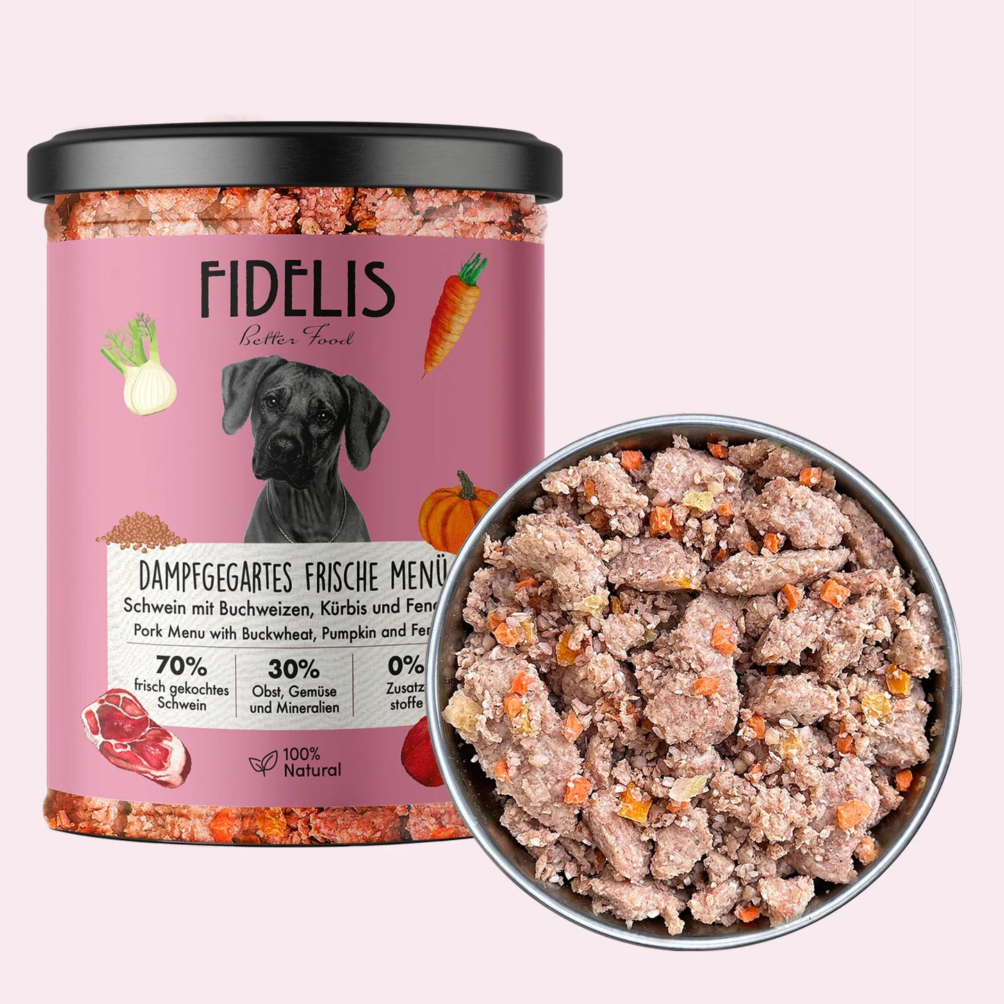 FIDELIS virta šviežia kiauliena su su su grikiais, moliūgais ir pankoliais, 400 g.